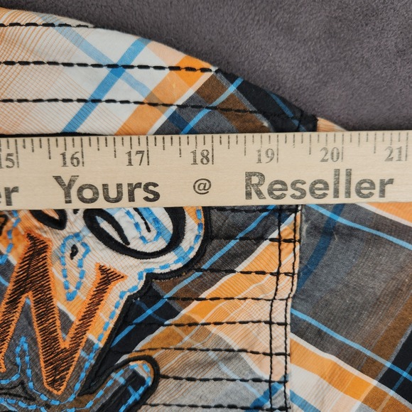 Affliction Black Premium Buckle Western Shirt Mens XL Slim Orange Black Plaid - Picture 8 of 11